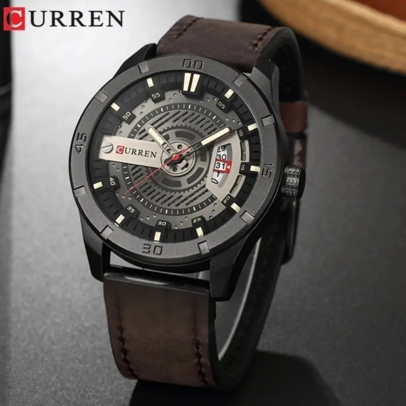 Cocolate Color Curren 8301 Leather, Date system Watch